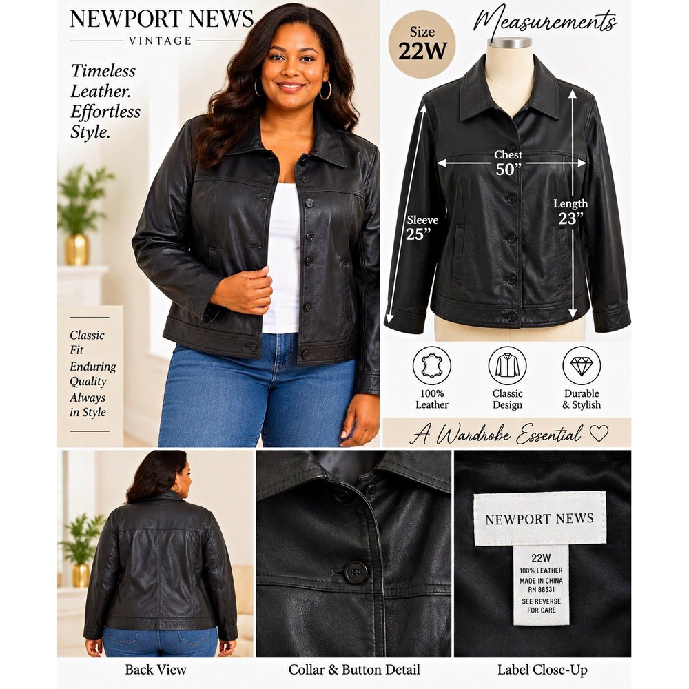 Newport News Vintage Women's Black Leather Basic Jacket Button Front Plus 22W
